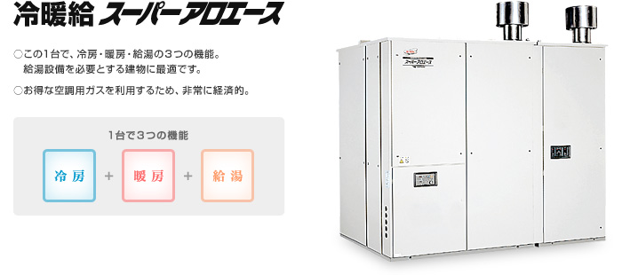 冷暖給スーパーアロエース ○この1台で、冷房・暖房・給湯の3つの機能。給湯設備を必要とする建物に最適です。 ○お得な空調用ガスを利用するため、非常に経済的。